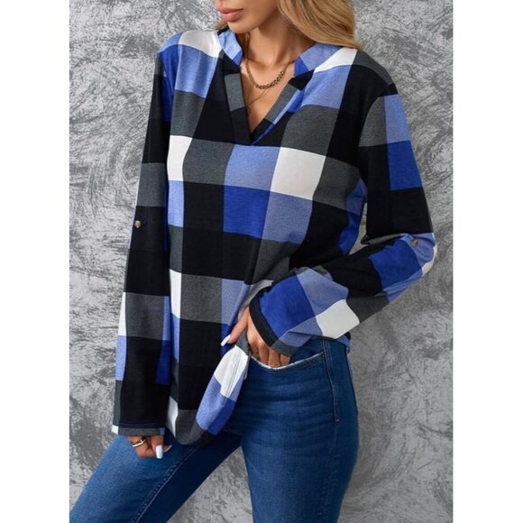 Women's Plaid Cuffed Long Sleeve Blouse V-Neck Casual Work Top S-3XL - Picture 4 of 5